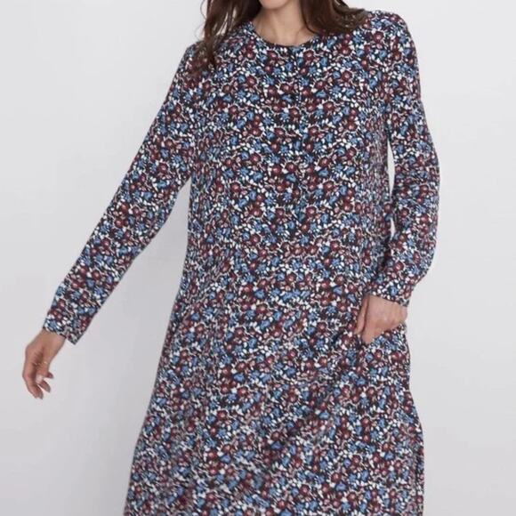 Zara Floral Button Long Sleeve Midi Swing Dress in Wine Red & Blue Medium - Picture 2 of 10